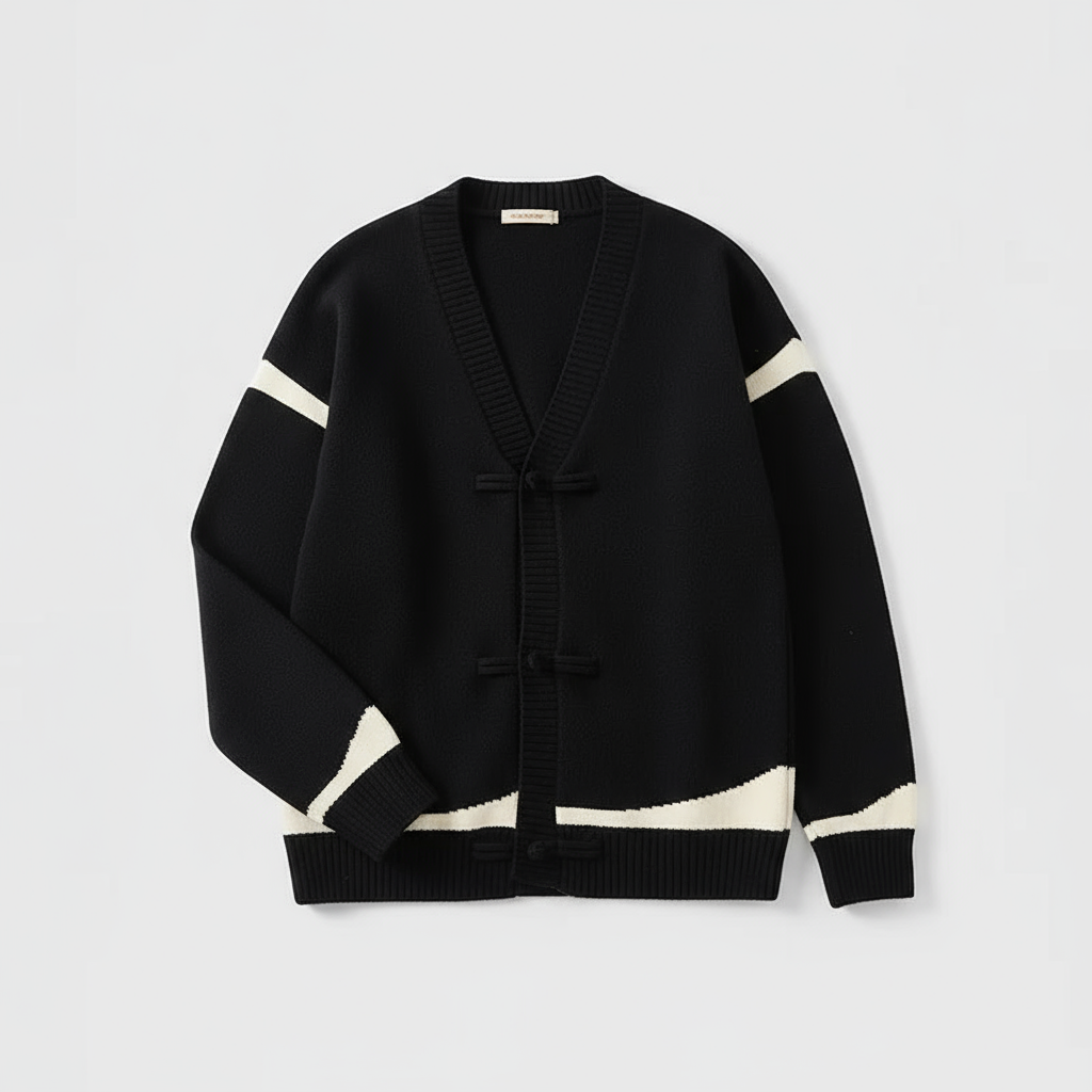 Chris Men’s Wool Cardigan – Contrast Stripe Knit with Toggle Closures