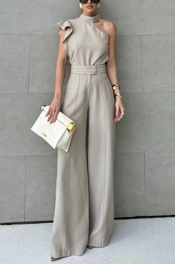 Leona One‑Shoulder Co‑ord Set – Ruffled Top & Straight‑Leg Pants for Summer Styling