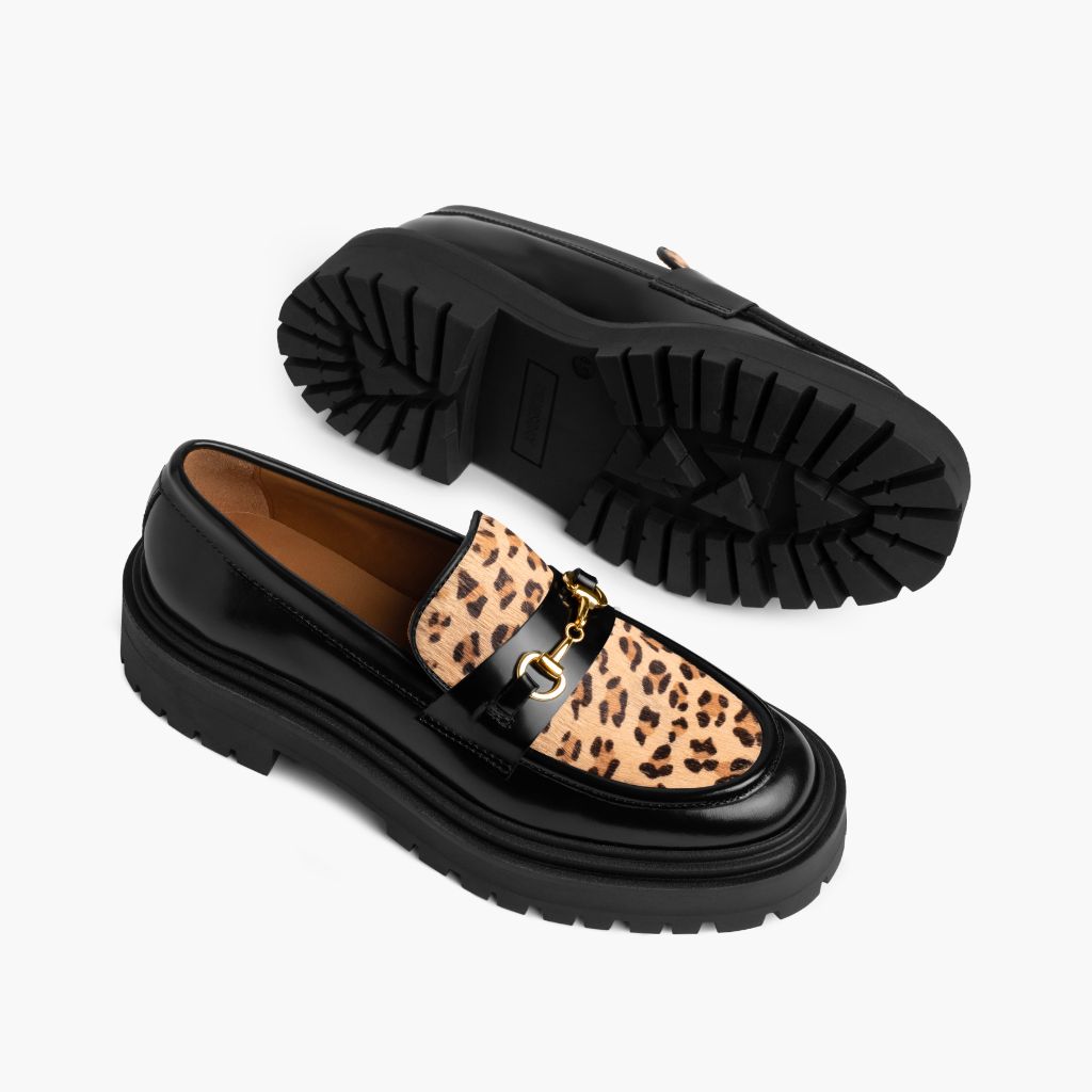 Aubrey Lug Sole Loafer – Platform Penny Loafer in Statement Leopard Suede