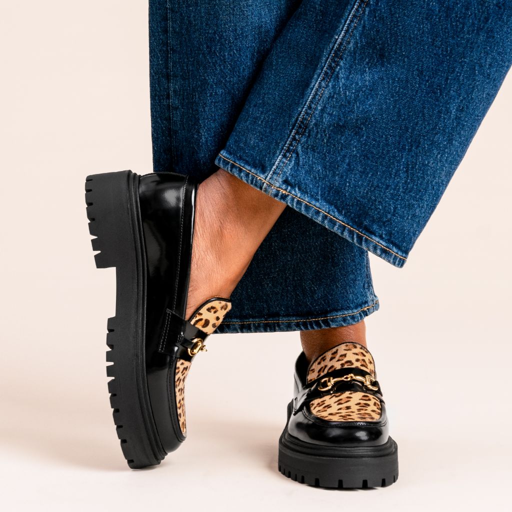 Aubrey Lug Sole Loafer – Platform Penny Loafer in Statement Leopard Suede