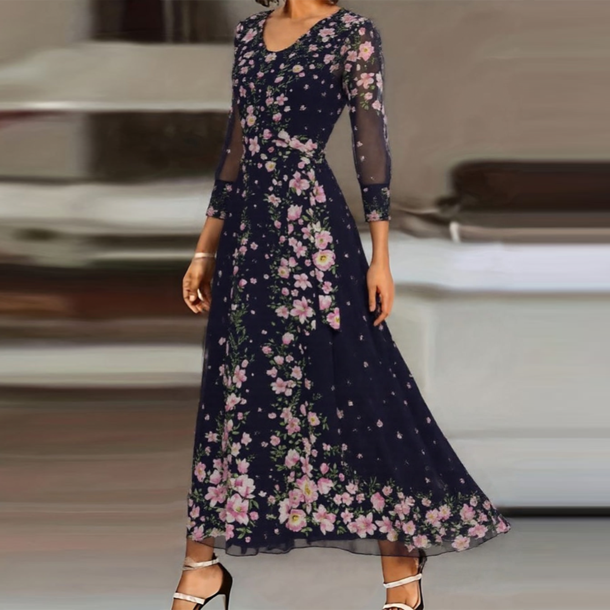 Celina Floral Maxi Dress – Flowing Sleeve Dress with Deep Round Neckline