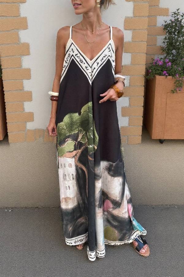 Leona Ink Maxi Dress – Artistic Print Dress with Light Draping for Summer