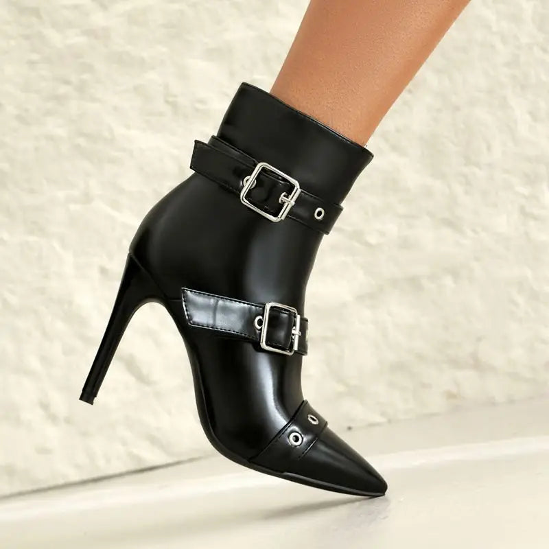 Seraphina Women’s Stiletto Boots – Patent Vegan Leather with Buckle Strap Detailing