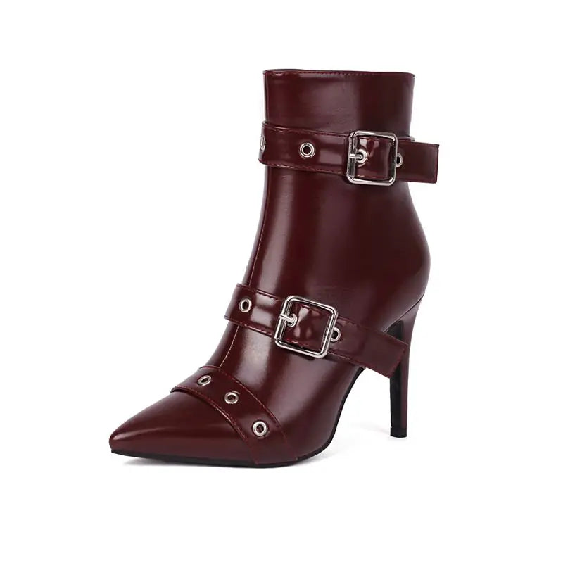 Seraphina Women’s Stiletto Boots – Patent Vegan Leather with Buckle Strap Detailing