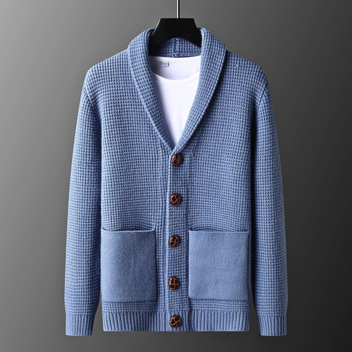 Maddox Men’s Knit Cardigan – Waffle Weave with Leather Button Detail