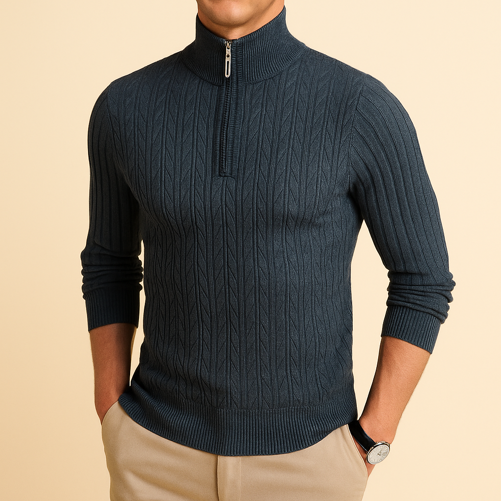 Canyon Men’s Quarter Zip Sweater – Wool Blend Knit with Ribbed Texture