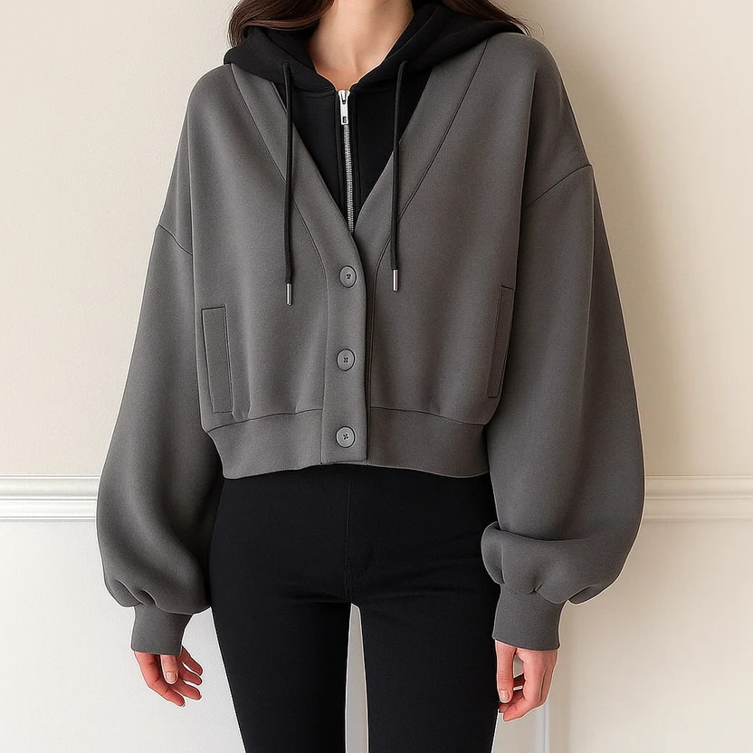 Marissa Women’s Cropped Cardigan – Puff Sleeve Hooded Cardigan
