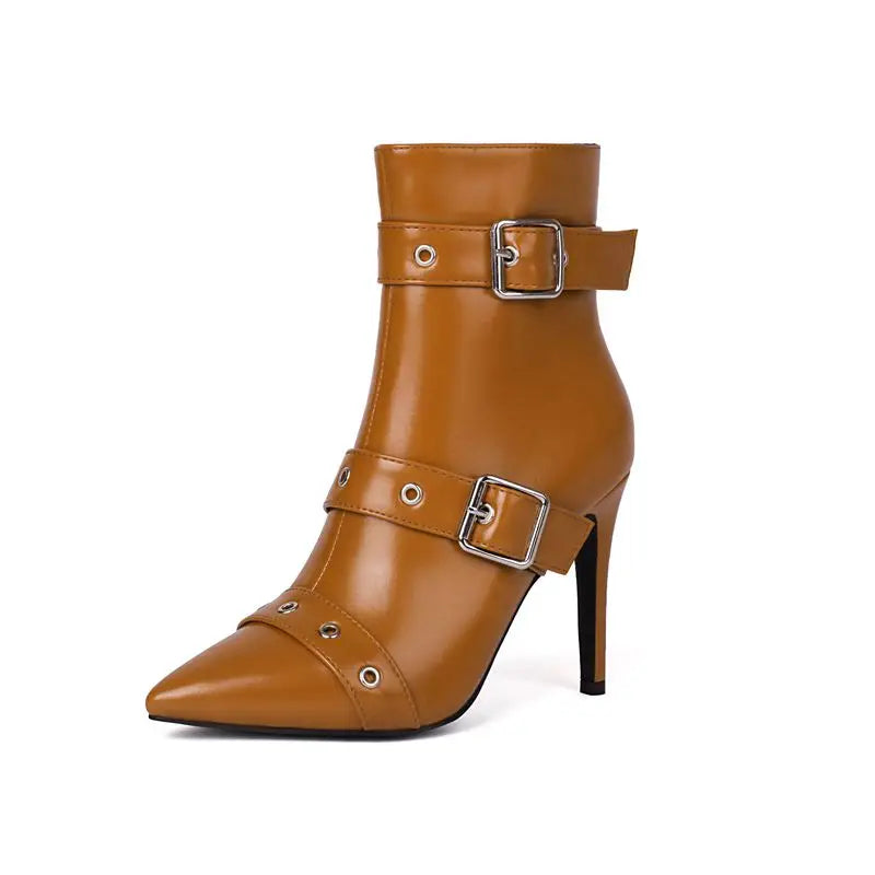 Seraphina Women’s Stiletto Boots – Patent Vegan Leather with Buckle Strap Detailing