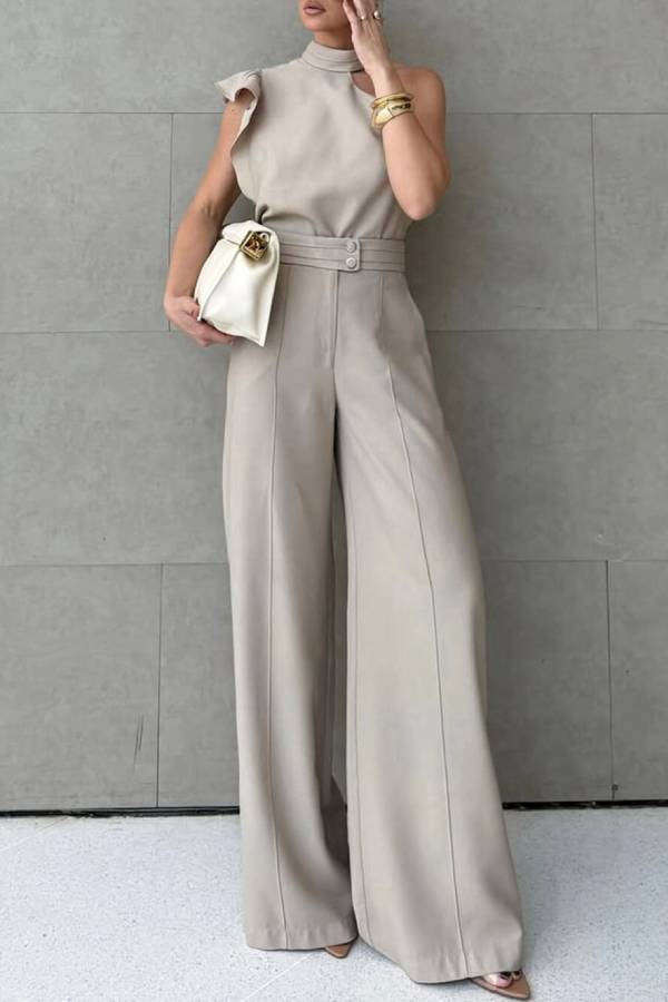Leona One‑Shoulder Co‑ord Set – Ruffled Top & Straight‑Leg Pants for Summer Styling