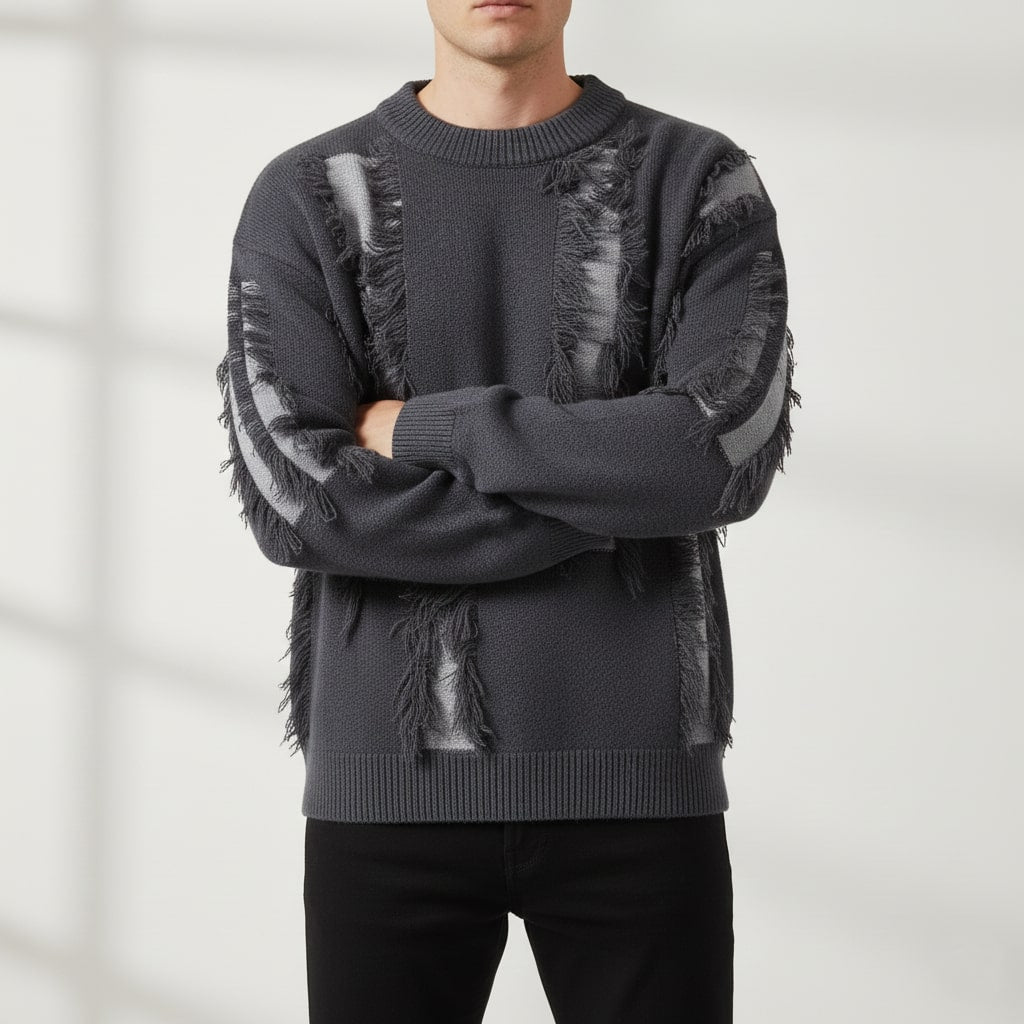 Aiden Distressed Men’s Sweater with Edgy Frayed Detailing