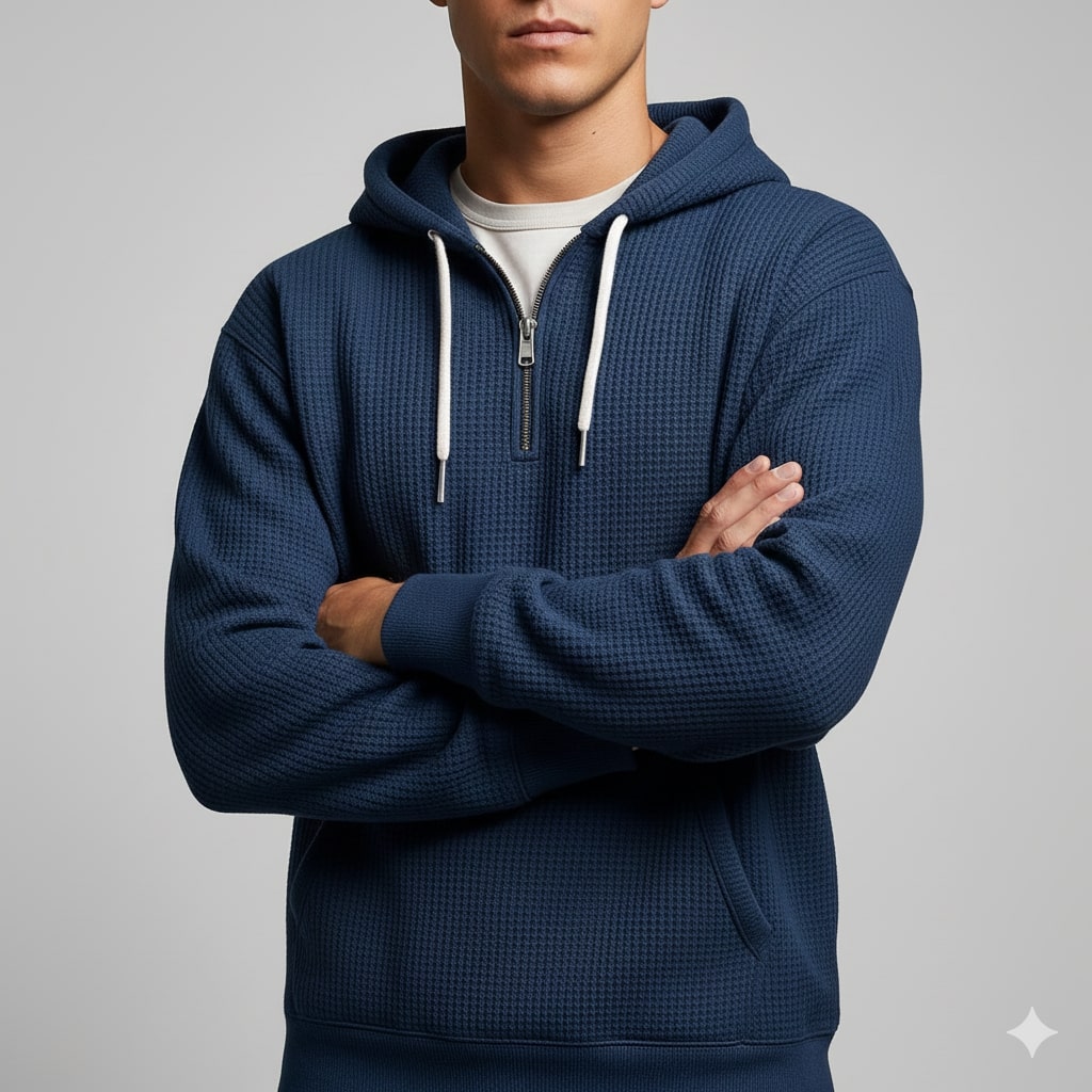 Charles Men’s Waffle Hoodie – Soft Waffle-Knit Half-Zip Sweater