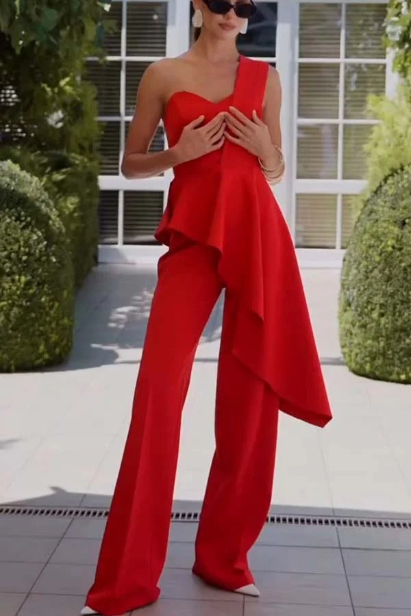 Sonia One‑Shoulder Ruffle Top & Wide‑Leg Pants Set – Summer Co‑ord with Pockets