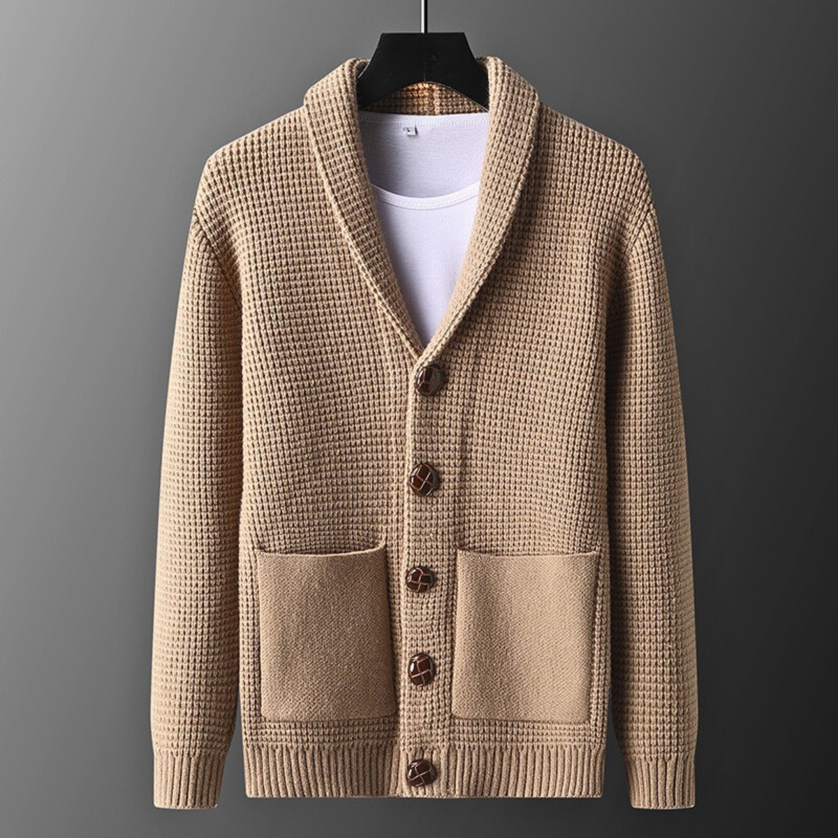 Maddox Men’s Knit Cardigan – Waffle Weave with Leather Button Detail