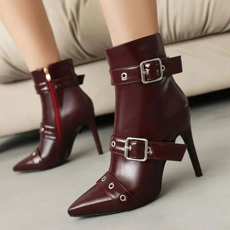 Seraphina Women’s Stiletto Boots – Patent Vegan Leather with Buckle Strap Detailing