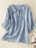 Adelina Ruffle Linen Shirt – Women’s Peter Pan Collar Cotton Blend Top