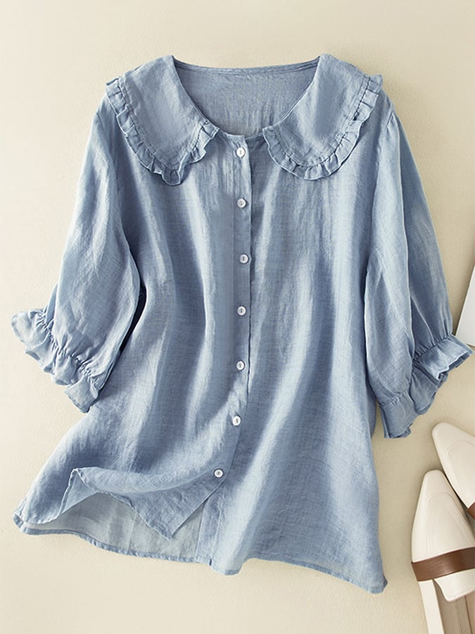 Adelina Ruffle Linen Shirt – Women’s Peter Pan Collar Cotton Blend Top
