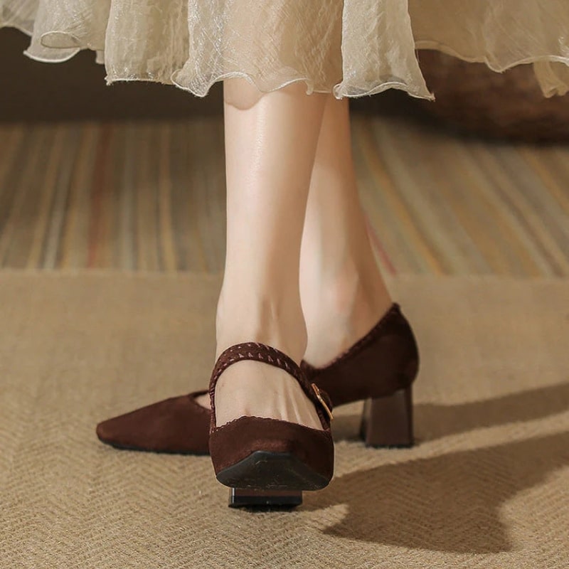 Hana Women’s Suede Block Heel Pumps – Pointed Toe with Adjustable Strap