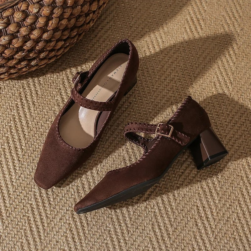 Hana Women’s Suede Block Heel Pumps – Pointed Toe with Adjustable Strap