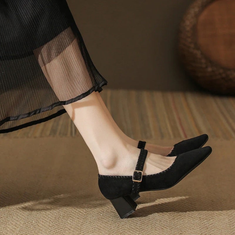 Hana Women’s Suede Block Heel Pumps – Pointed Toe with Adjustable Strap
