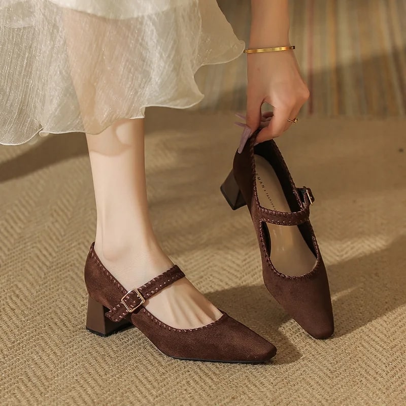 Hana Women’s Suede Block Heel Pumps – Pointed Toe with Adjustable Strap
