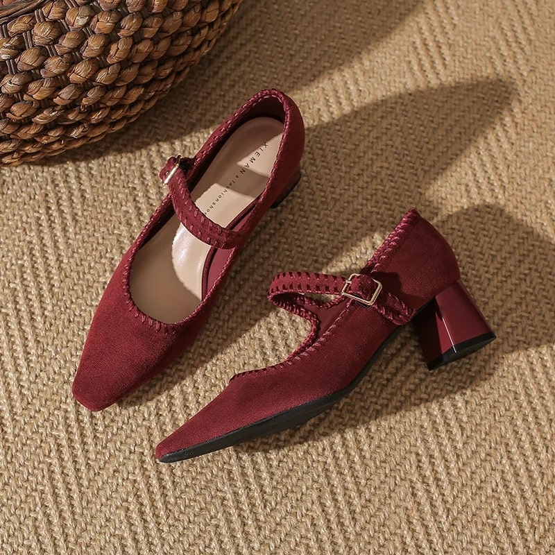 Hana Women’s Suede Block Heel Pumps – Pointed Toe with Adjustable Strap
