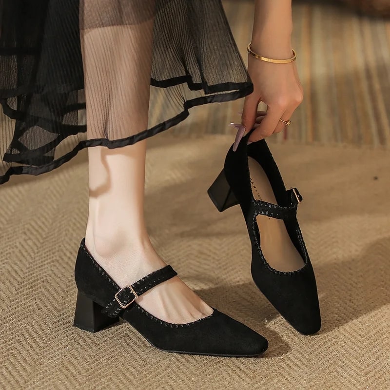 Hana Women’s Suede Block Heel Pumps – Pointed Toe with Adjustable Strap