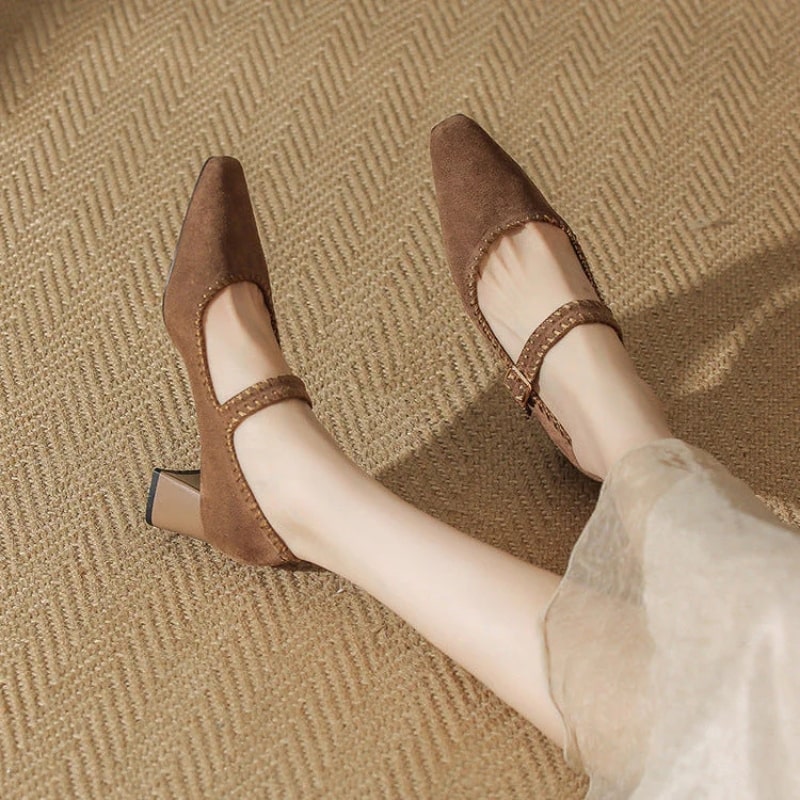 Hana Women’s Suede Block Heel Pumps – Pointed Toe with Adjustable Strap