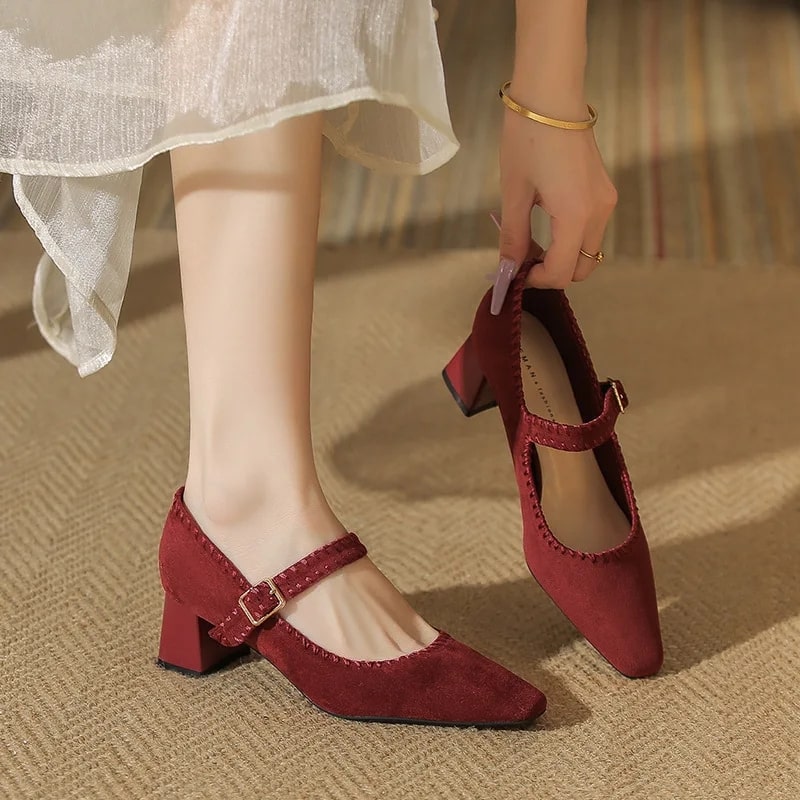 Hana Women’s Suede Block Heel Pumps – Pointed Toe with Adjustable Strap