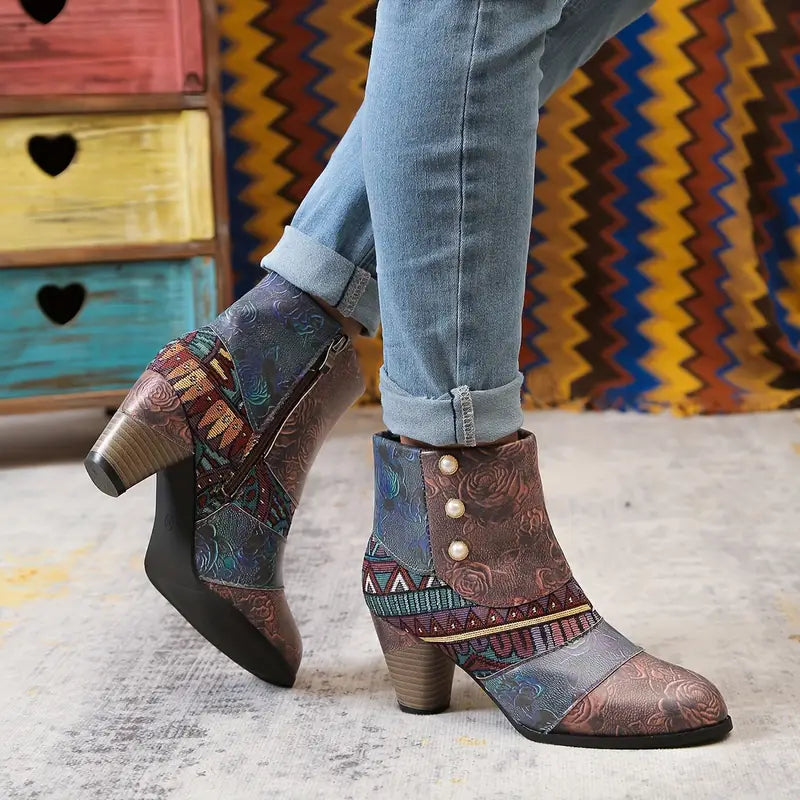 Reagan Ladies Ankle Boots – Embossed Leather with Pearl Flap & Folk Patchwork Panels