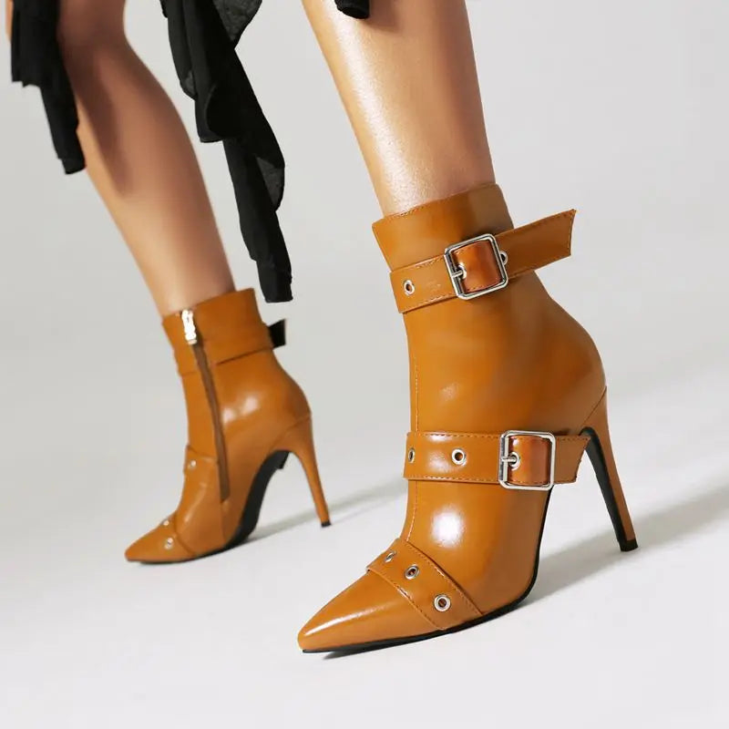 Seraphina Women’s Stiletto Boots – Patent Vegan Leather with Buckle Strap Detailing