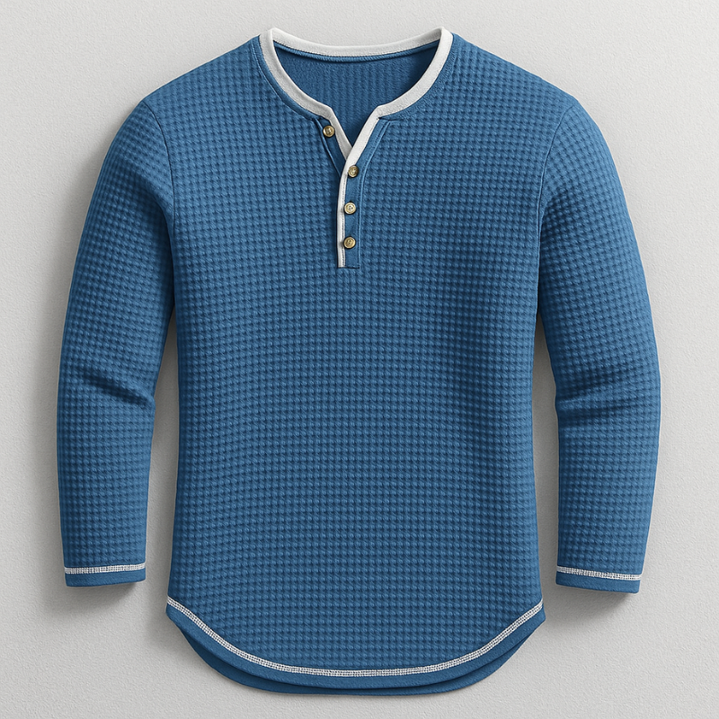 Simon Men’s Long Sleeve Shirt – Waffle Knit Cotton Blend Henley Shirt