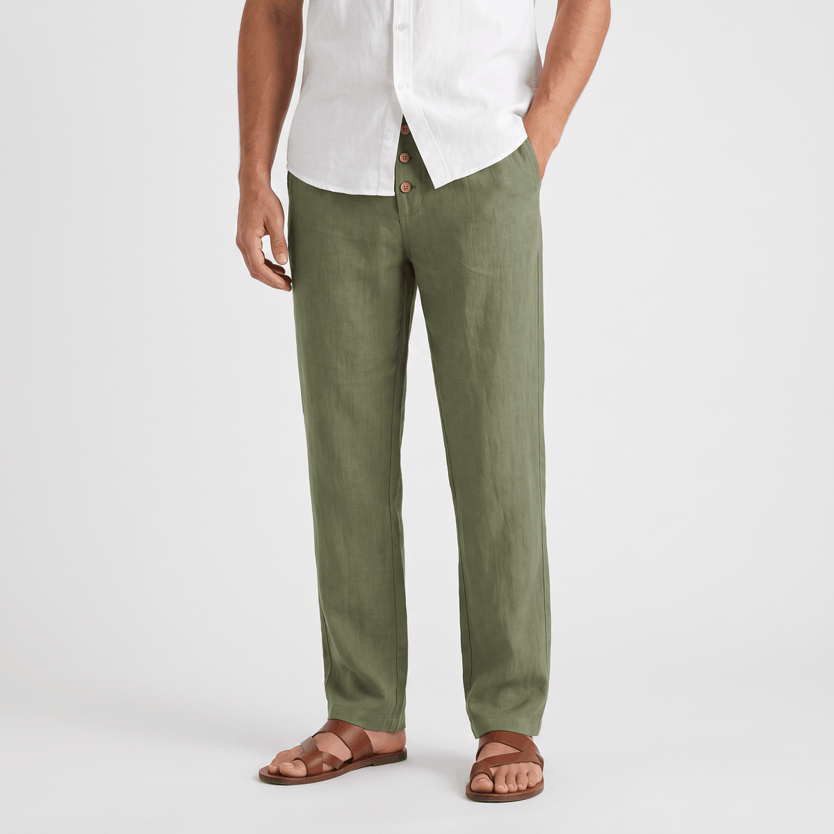 Men's olive green linen drawstring pants with a relaxed straight-leg fit, elastic waistband, and lightweight fabric.