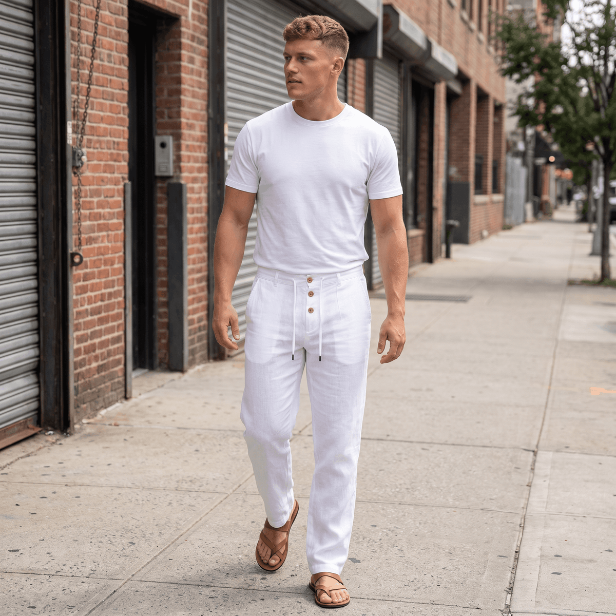 Man wearing white linen pleated trousers paired with a white crew neck T-shirt and brown leather sandals while walking through an urban street.