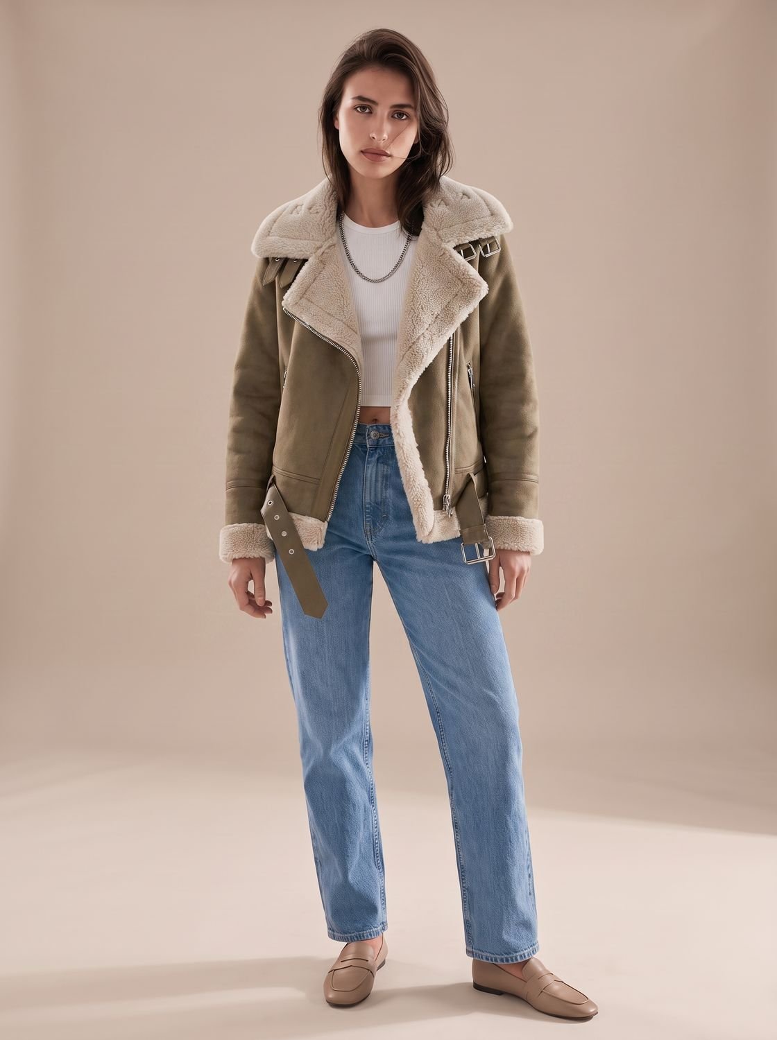Taupe belted shearling aviator jacket worn by a woman, side view with asymmetrical zip and plush lining