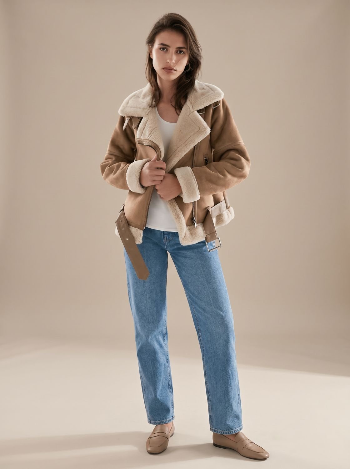 Taupe belted shearling aviator jacket for women with asymmetrical zip, plush lining, wide collar, and belted waist