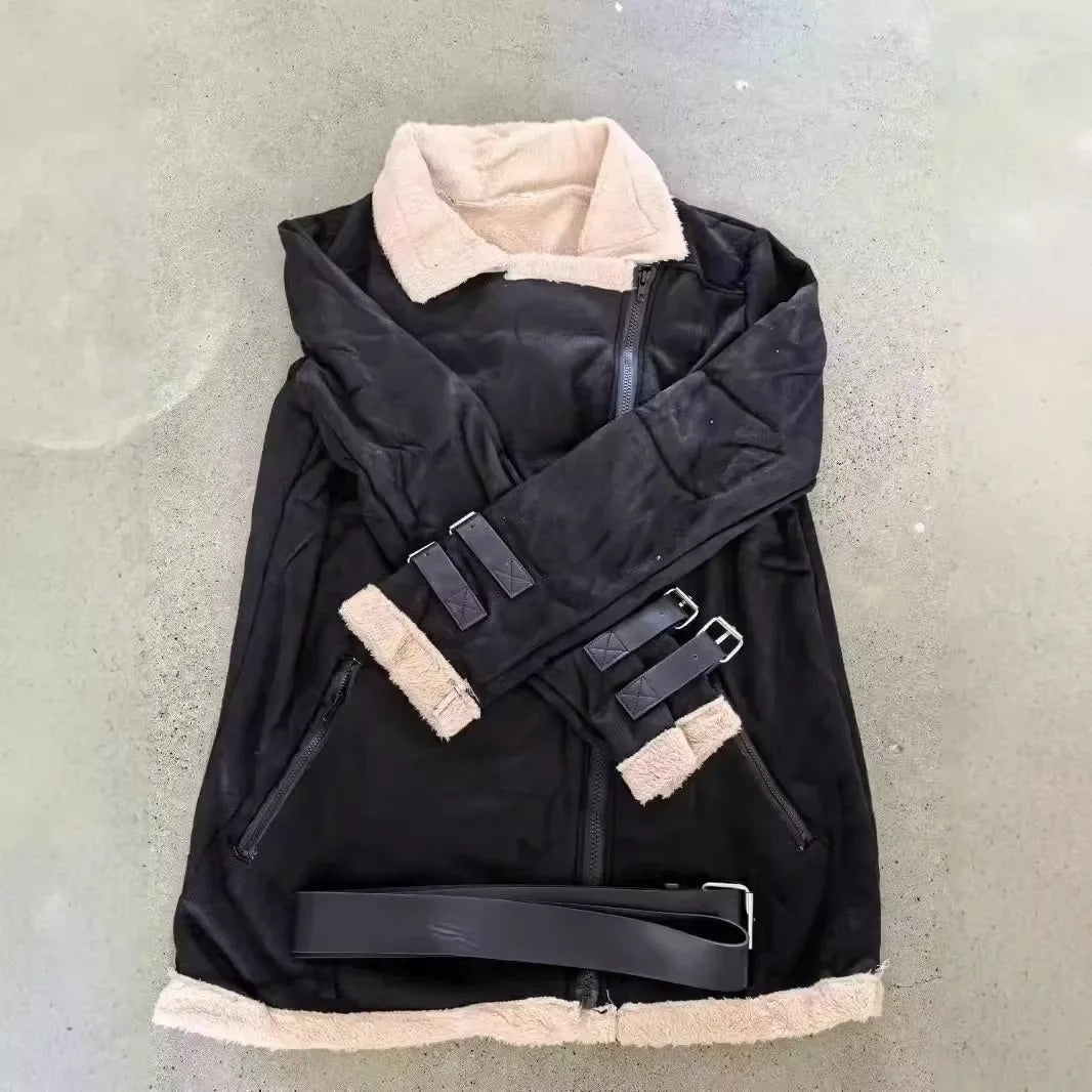 Black shearling aviator jacket for women with belted details, plush lining, wide collar, and zip closure