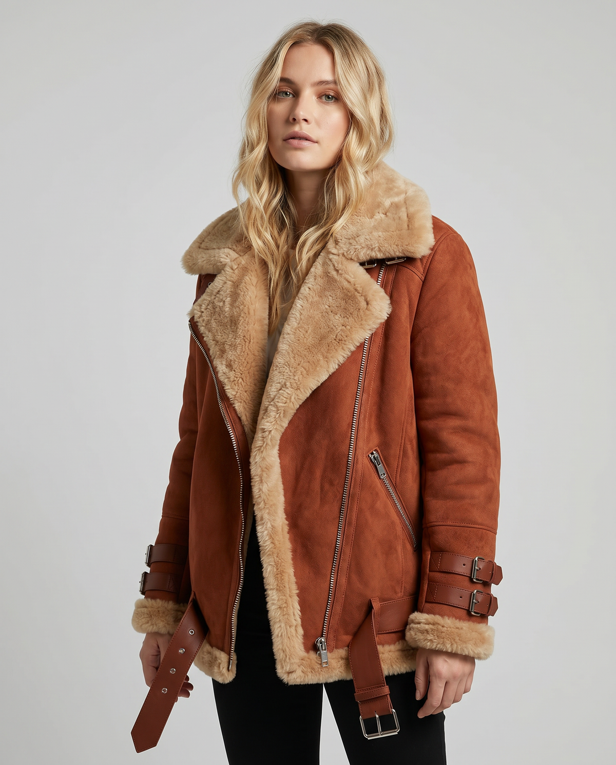 Brown shearling aviator jacket for women worn by a model, featuring plush lining and wide collar