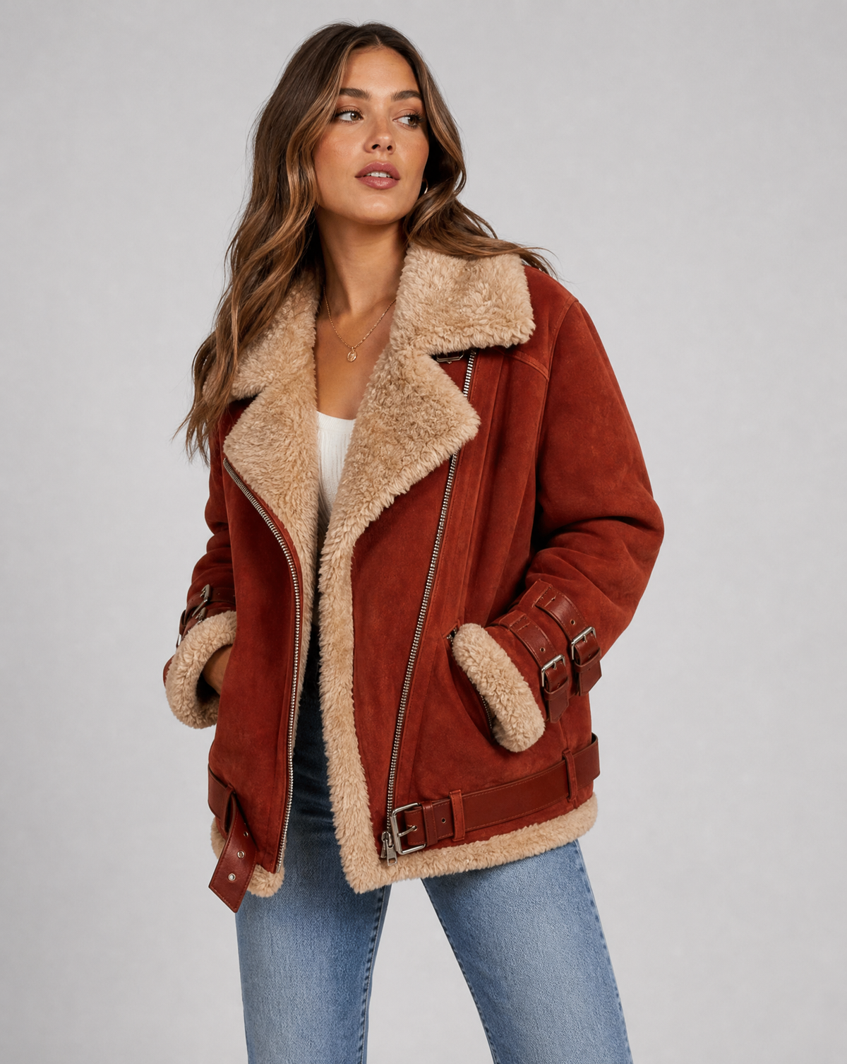 Brown shearling aviator jacket for women worn by a model, front view with plush lining and wide collar