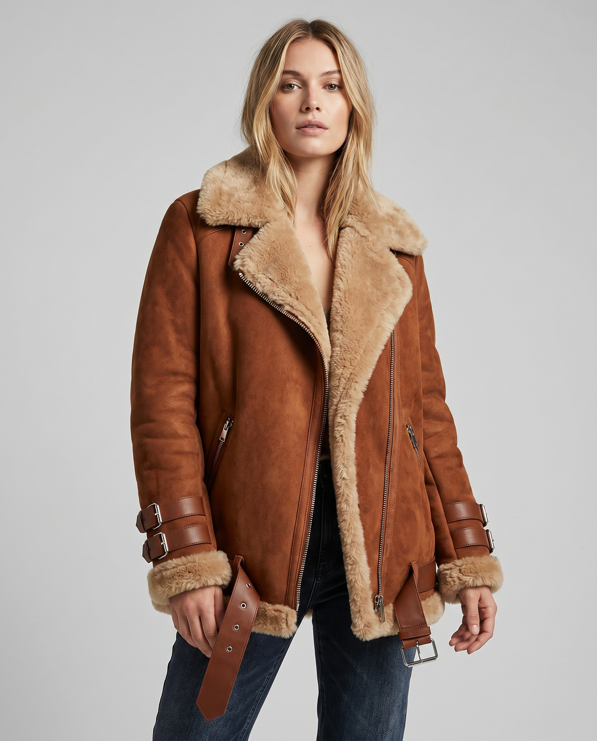 Brown shearling aviator jacket for women with plush lining, wide collar, belted details, and zip closure