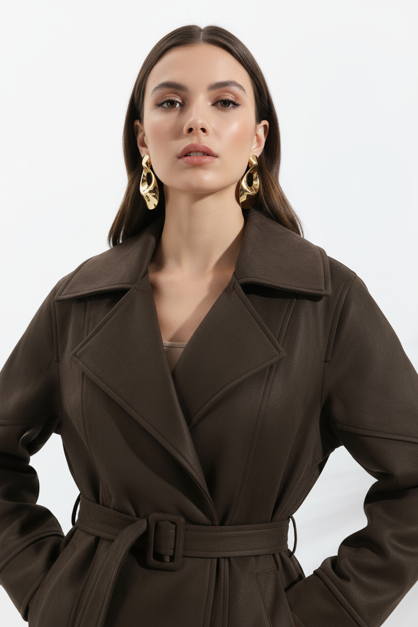 A woman wearing a dark brown belted suede jacket with a relaxed fit and turn-down collar, close-up view