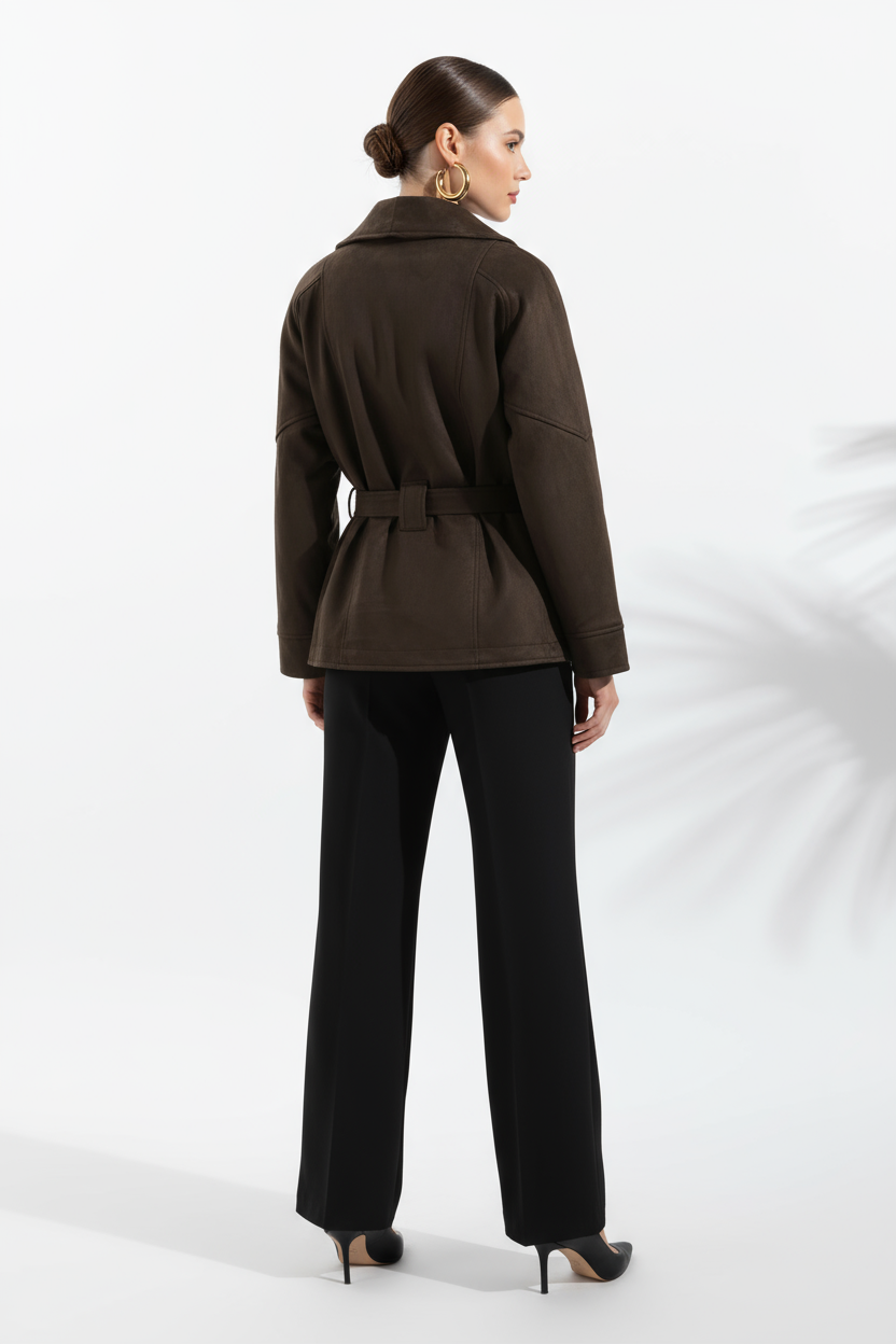 A woman wearing a dark brown belted suede jacket with a relaxed fit and turn-down collar, back view