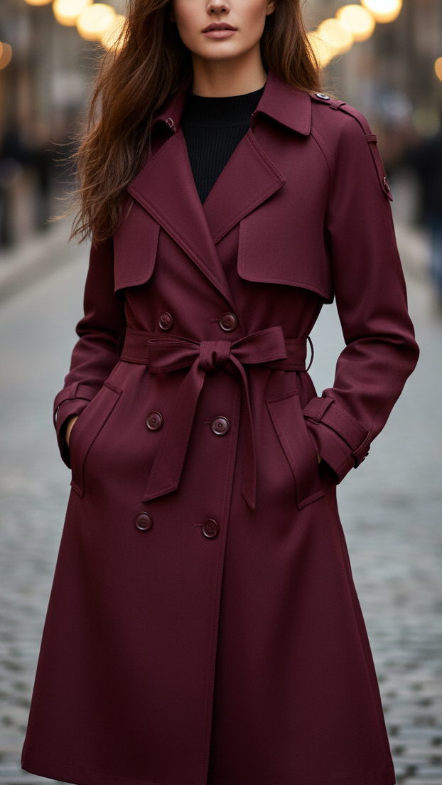 A woman wearing a burgundy belted trench coat with a double-breasted front and storm flap details, front view