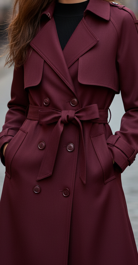 Close-up of a burgundy trench coat showing the double-breasted front, storm flap details, and belted waist