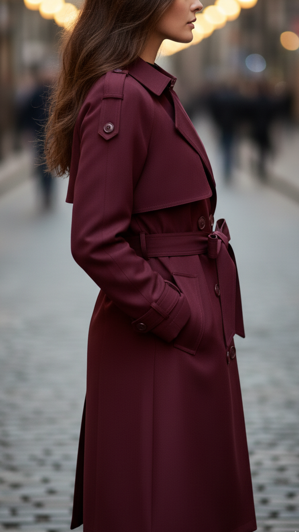 A woman wearing a burgundy belted trench coat with a double-breasted front and storm flap details, shown in side view
