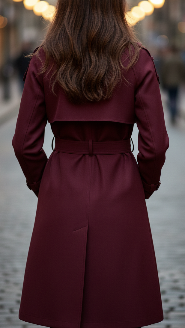 A woman wearing a burgundy belted trench coat with a double-breasted front and storm flap details, shown from the back