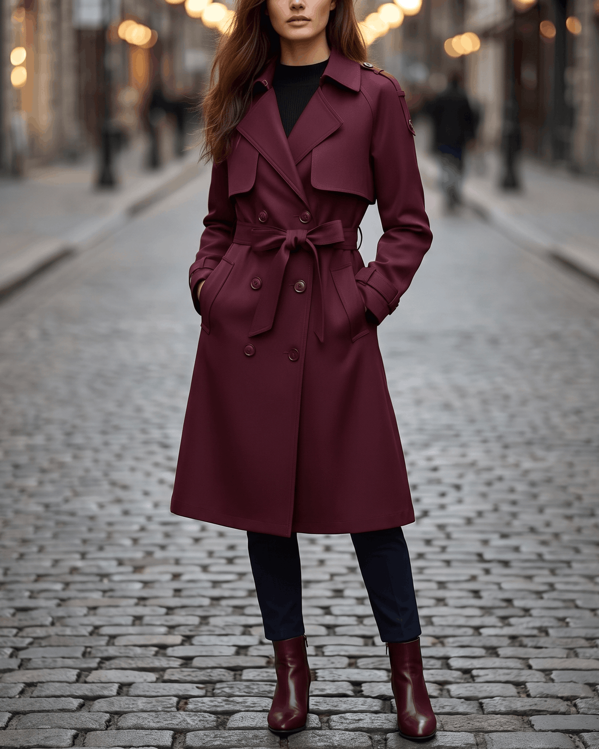 A woman wearing a burgundy belted trench coat with a double-breasted front and storm flap details, walking on a cobblestone street