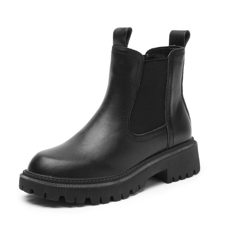 Black leather block heel Chelsea boot for women with elastic side panel and lug sole