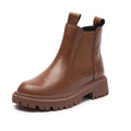 Brown leather block heel Chelsea boot for women with elastic side panel, heel tab and lug sole