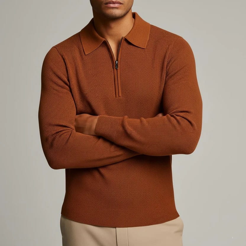 Roderick Men’s Knit Sweater – Waffle Texture Quarter-Zip Polo Shirt