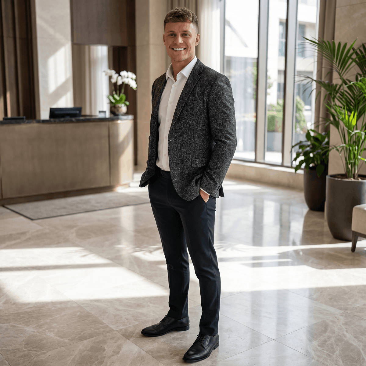 Man wearing a charcoal gray tweed blazer over a white dress shirt and dark trousers in a bright contemporary indoor setting.